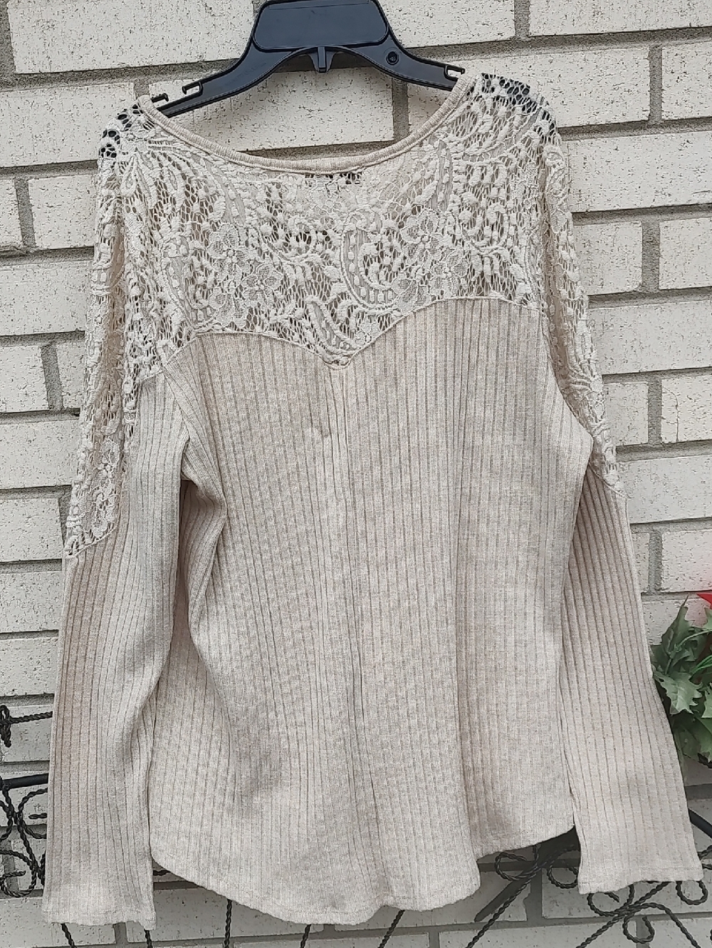 Democracy Lace-Trim Ribbed Knit Top - Beige - Picture 7 of 9
